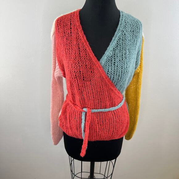 Maiami Multicolor Colorblock Open-Knit Tie-Waist Cardigan Sweater Berlin S/M - Picture 2 of 10